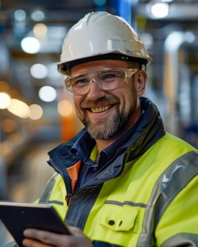 Smiling technician with digital tablet at industrial facility