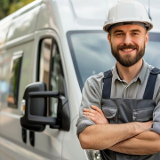 Handwerker mit verschränkten Armen vor Lieferwagen