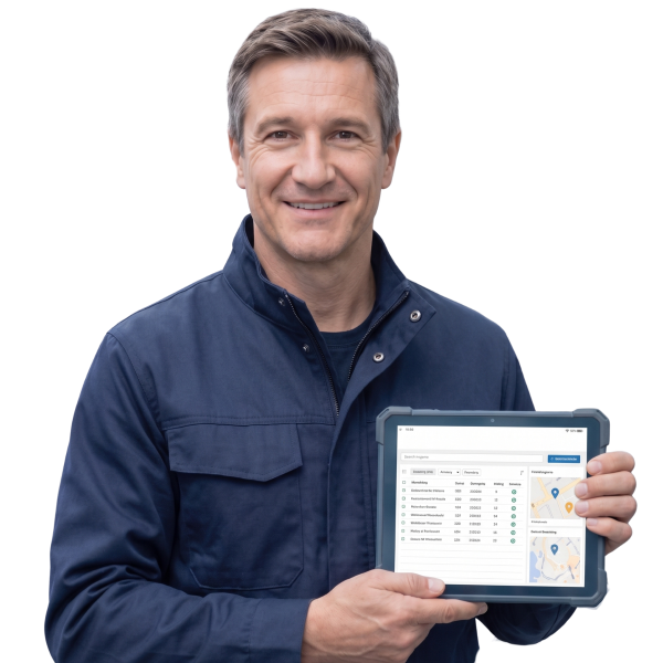 Techniker in Dunkelblau und Tablet