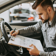 Außendienstmitarbeiter prüft Bericht im Auto