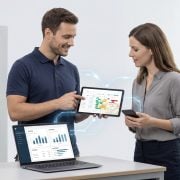 A field technician and an office manager collaborating using synchronized mobile devices and a laptop in an office.