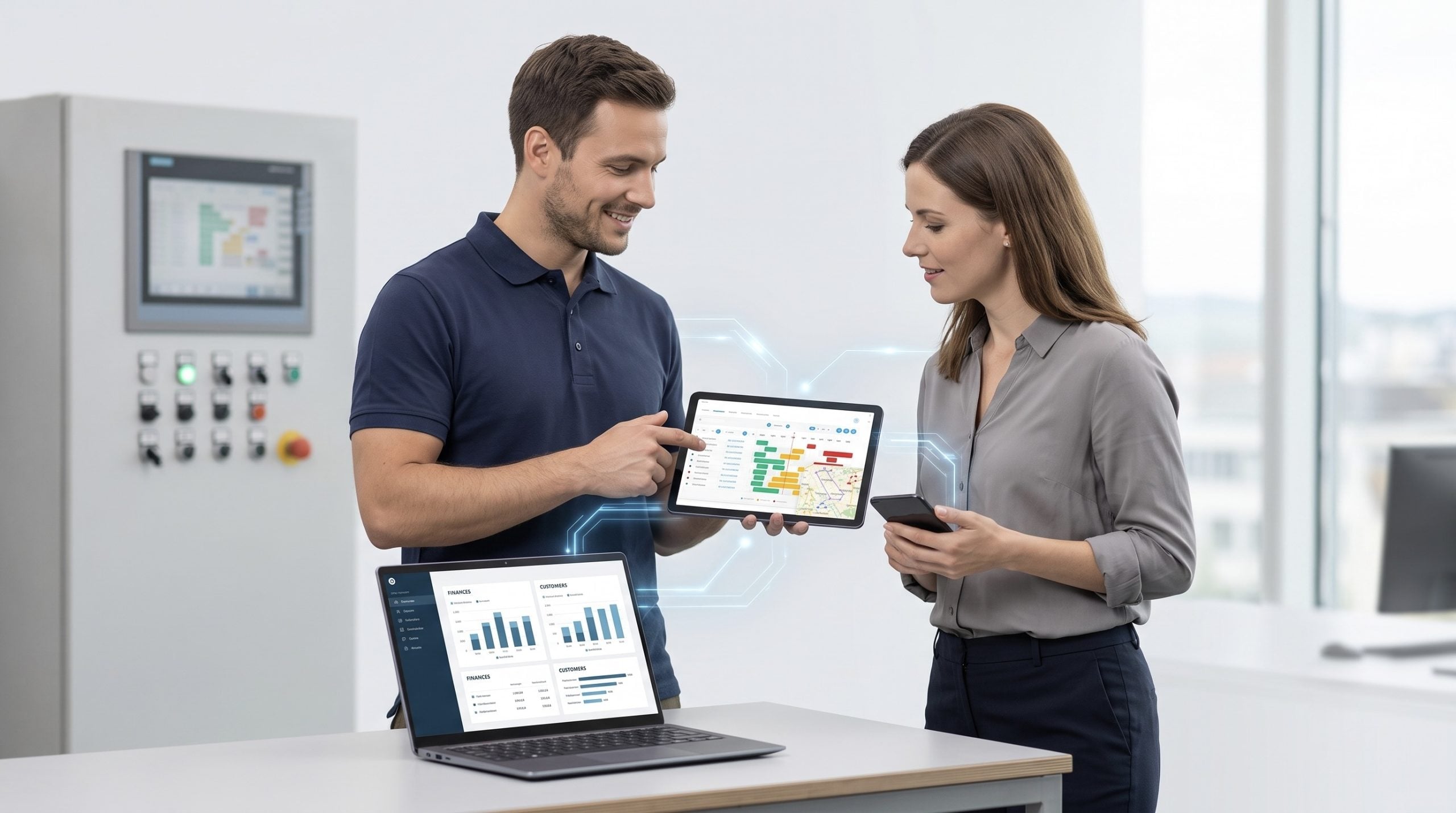 A field technician and an office manager collaborating using synchronized mobile devices and a laptop in an office.