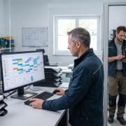 Ein Handwerks-Disponent plant Einsätze am PC mit einer digitalen Plantafel, während ein Techniker im Hintergrund einen Auftrag auf dem Tablet prüft.