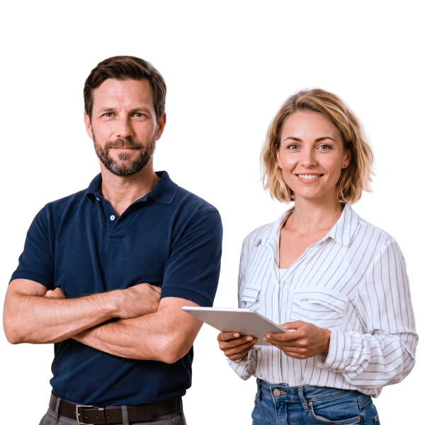 Servicetechniker mit verschränkten Armen und Disponentin mit Tablet, die Praxedo Field Service Management Software nutzt